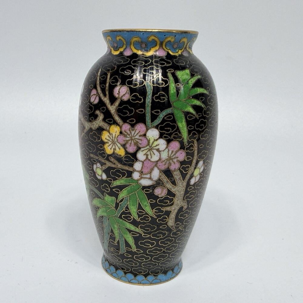 Black Cloisonne Floral Vase Miniature 4" Metal Cherry Blossoms